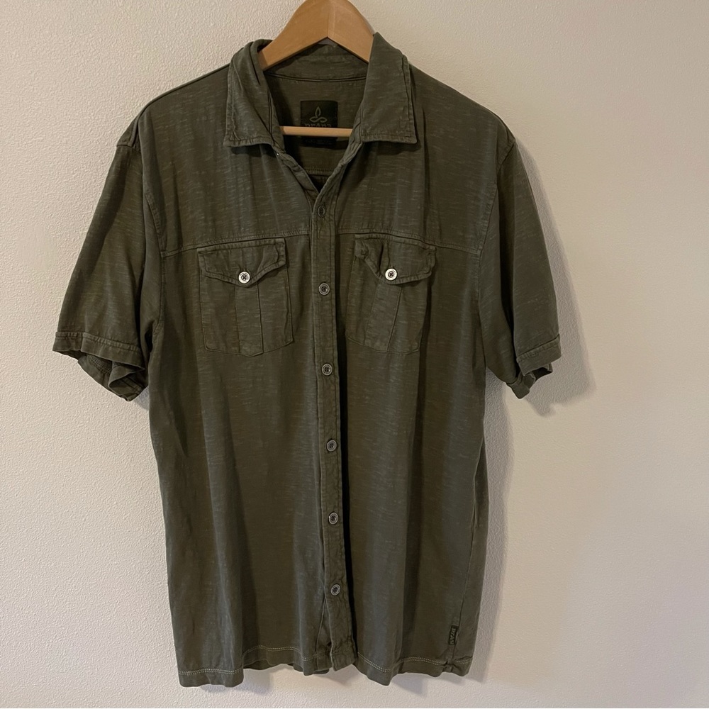 Prana Organic Cotton Slub Short Sleeve Button Up Shirt Olive Green-XL